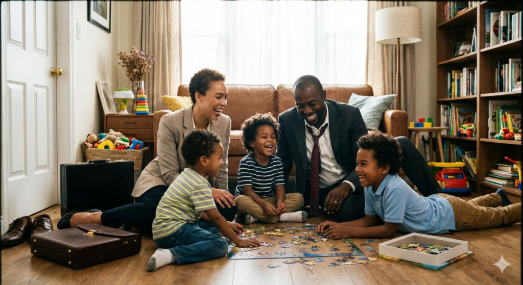 Uma fotografia realista de uma mãe de pele negra bem clara, um pai de pele negra retinta e 4 filhos com diferentes tons de pele negra brincando em família de montar um quebra-cabeças. A imagem deve sugerir que os pais acabaram de chegar do trabalho, eles são empresários.